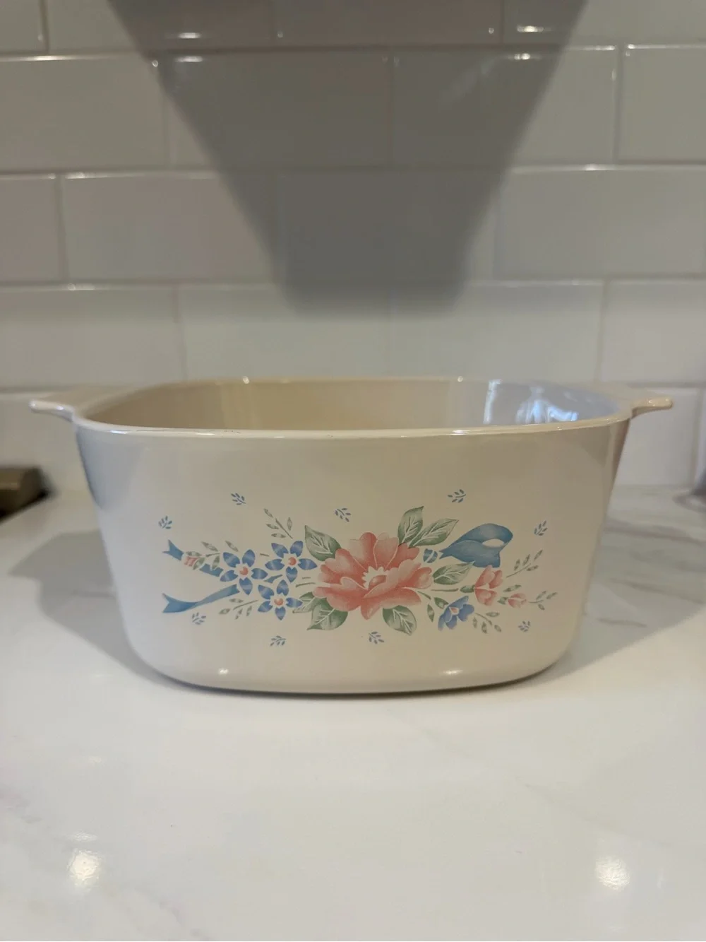Vintage Floral Ceramic Casserole Serving Dish w Handles Cream Pink Blue 10” x 4”